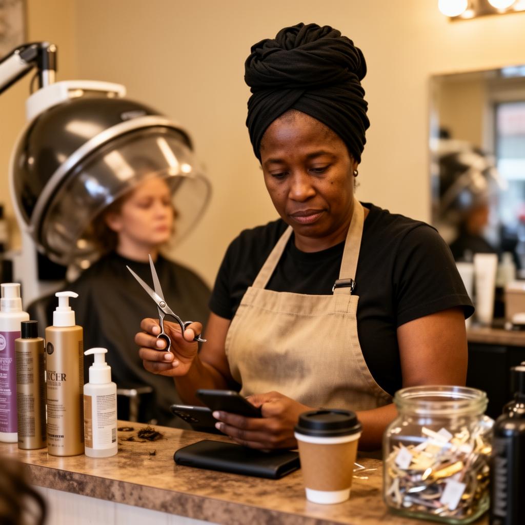 A salon business owner glancing at their phone