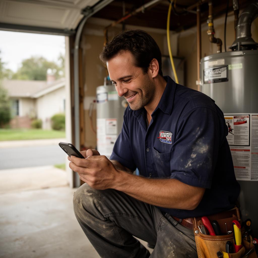 A plumbing business owner glancing at their phone